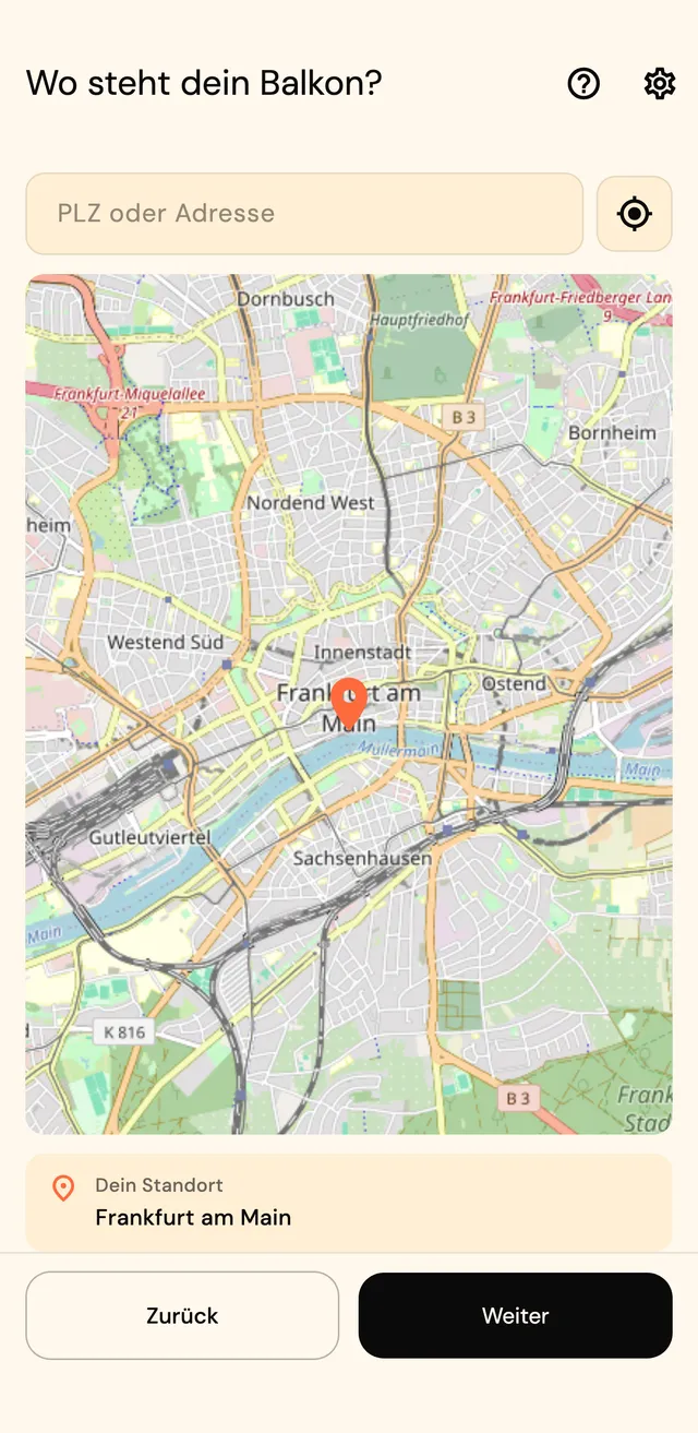 Standort-Schritt mit Karte, Adresssuche und gesetztem Pin in Frankfurt am Main