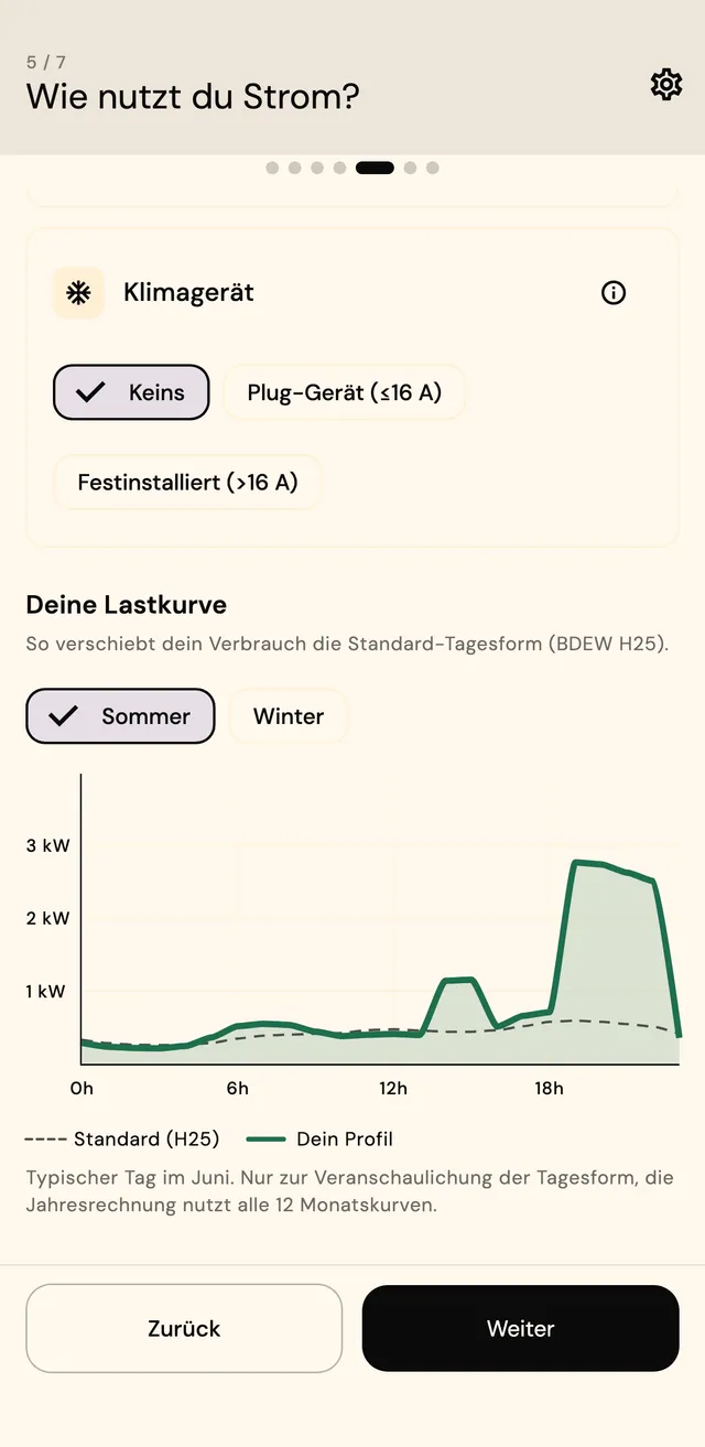Verbrauchs-Schritt mit Geräteoptionen und Lastkurven-Diagramm im Vergleich zum Standardprofil