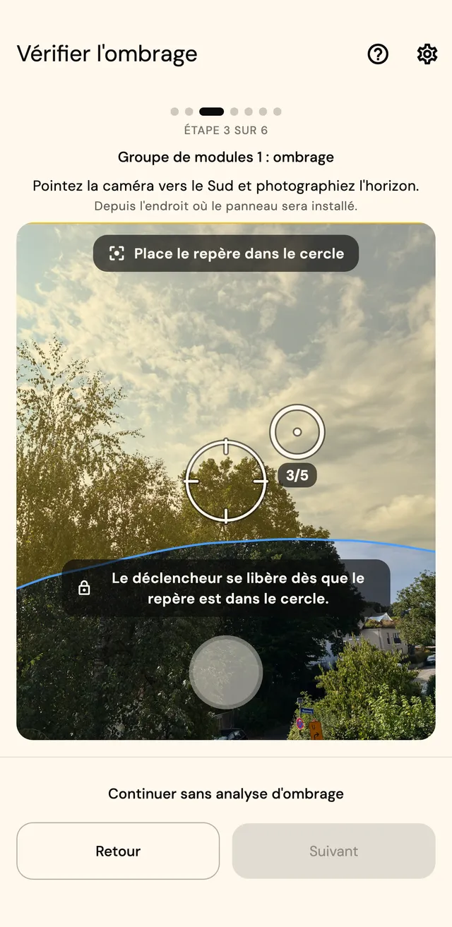 Vue caméra de la mesure d'ombrage : marqueur de visée et cercle guident la prise, photo 3 sur 5