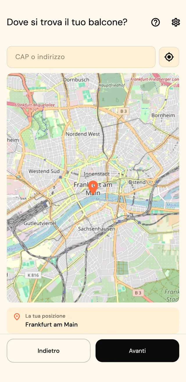 Passo posizione con mappa, ricerca dell'indirizzo e segnaposto sulla città